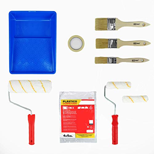 KIT Rodillos de Pintura Antigoteo + KIT de Pinceles Planos + Cubretodo 20 m²+ Cubeta grande + Cinta de pintor