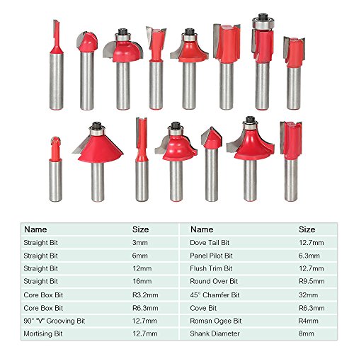 KKmoon 15 UNIDS Fresa Set,8mm Shank Mill Carpintería Herramienta de Cortadores Madera, para Piso Hecho A Mano Grabado de Corte (15 UNIDS)