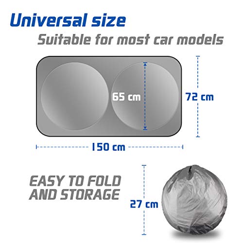 KMMIN Parasol Coche Delantero, Parasol Coche Parabrisas Protector Plegable con Gran Pantalla Anti UV Rayos Mejor Contral de Calor Multiuso Apto a la Mayoría de Coches y Suvs(150x72CM)