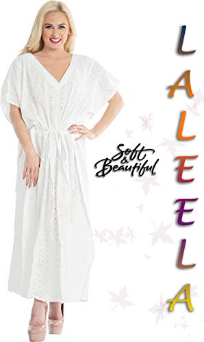 LA LEELA Mujeres caftán Algodón túnica Bordado Kimono Libre tamaño Largo Maxi Vestido de Fiesta para Loungewear Vacaciones Ropa de Dormir Playa Todos los días Cubrir Vestidos Ghosts Blanco_X1026