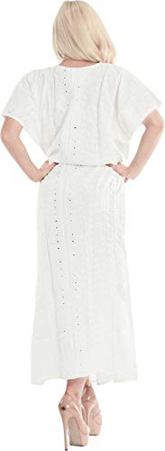 LA LEELA Mujeres caftán Algodón túnica Bordado Kimono Libre tamaño Largo Maxi Vestido de Fiesta para Loungewear Vacaciones Ropa de Dormir Playa Todos los días Cubrir Vestidos Ghosts Blanco_X1026