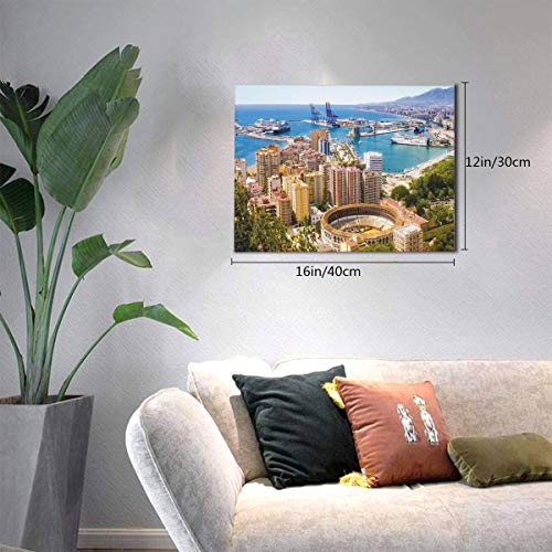 Landscape Aerial View of Malaga with Bullring and Harbor Spain Traditional European City Multicolor Painting Premium Panoramic Canvas Wall Art Painting 12"X 16"