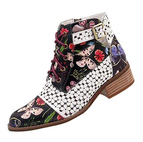 LANSKIRT Botines de Mujer de Cuero de Vaca con Estampada Tinta Pintar Botas Mujer Otoño 2019 de Flores con Costuras y Cordones 35 EU - 43 EU