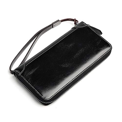 LASTARTS Monedero Largo para Hombres Cremallera para Hombre Aceite con Cera Cartera de Cuero para Hombre Monedero marrón Bolso de Mano Largo de Cuero con Cremallera (Color : Black 1)