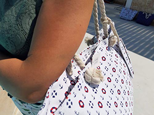 LeBag Giò - Bolsa de viaje de algodón para la playa, con correa para el hombro, bolsa de viaje + monedero con cierre de cremallera para mujer y niña, Bianco2 (Blanco) - LeBAg