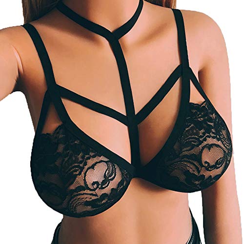 Lencería Erotica de Mujer Push up Mujer Sexy Mujer Ahueca hacia Fuera Pijamas Sujetador Jaula Elástica Pijamas Sujetador Halter con Tiras Ropa Interior Mujer Sexy Erotica de Yesmile (L, Black-5)