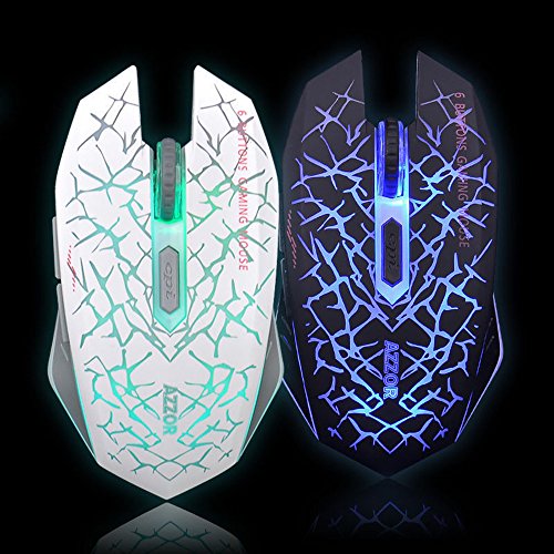 LexonElec® Ratón inalámbrico Gamer AZZOR M6 Silencioso LED Luz de respiración 2400 dpi Ajuste ergonómico USB Óptico Grieta Juego de 6 Botones para PC Laptop Ordenador