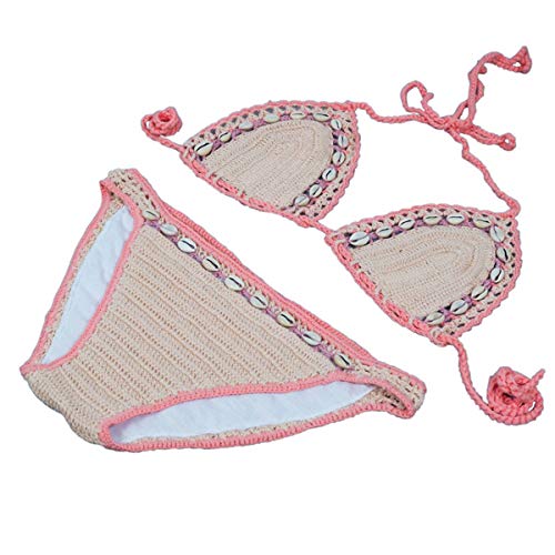 LGQ Traje De Baño De 2 Piezas para Mujer Decoración De Concha Hollow out Knitted Halter V Cuello Triángulo Bikini para SPA Playa Junto A La Piscina Traje De Baño De Aguas Termales,S