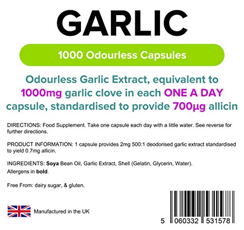 Lindens Ajo 1000mg sin Olor Cápsulas 1000 Pack Cada Cápsula Proporciona los Equivalente de 1000mg Fresh Ajo Bombilla Contiene 700mcg Allicin