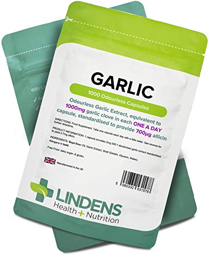 Lindens Ajo 1000mg sin Olor Cápsulas 1000 Pack Cada Cápsula Proporciona los Equivalente de 1000mg Fresh Ajo Bombilla Contiene 700mcg Allicin