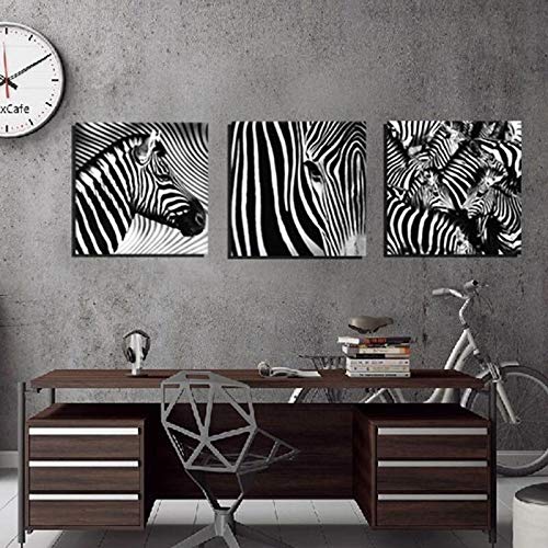 LKJHGU 3 Piezas Lienzo HD impresión de Moda Pintura 3 Cebra Animal Cartel Arte de la Pared Imagen en Blanco y Negro Modular Sala de Estar decoración del hogar 60x60 cm