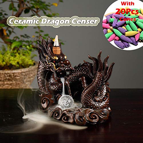 LLDS Quemador de Incienso de reflujo de dragón Chino de Resina de Regalo de decoración de Escritorio con Bola de Cristal + 20 Piezas Conos de Incienso Gratis