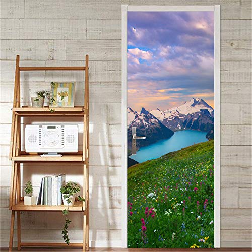 LLWYH Puerta Mural Nieve Montaña Prado Ámbar Paisaje PVC Papel Pintado Arte Decoración del Hogar 77 X 200cm