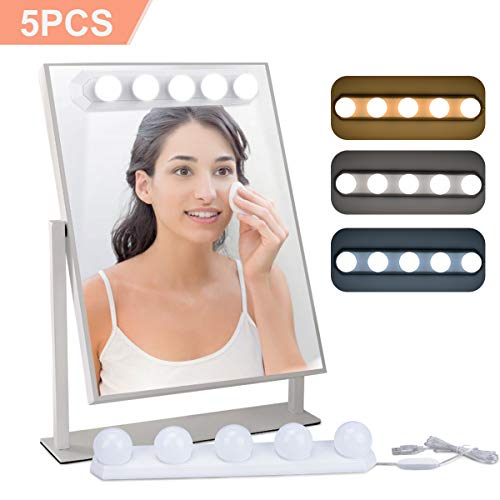 Luces para Espejo de Maquillaje LED Lámpara de Espejo Cosmético de Tocador con Estilo Hollywood 5 Piezas Bombillas EVILTO con USB Puerto, 3 Modos de Color, 10 Niveles de Brillo y 2 Potentes Ventosas