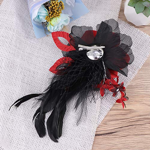 Lurrose Tocado de flor de pelo Clip grande de malla floral pluma broche Pin Vintage accesorios para el pelo para boda fiesta de té (rojo)