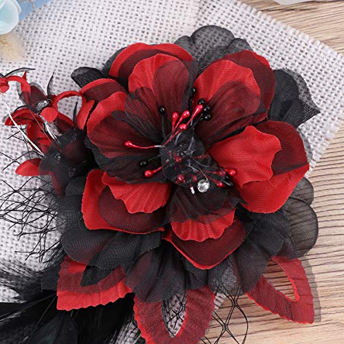 Lurrose Tocado de flor de pelo Clip grande de malla floral pluma broche Pin Vintage accesorios para el pelo para boda fiesta de té (rojo)