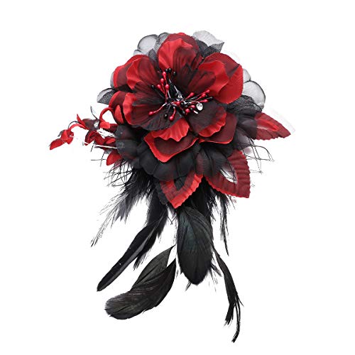 Lurrose Tocado de flor de pelo Clip grande de malla floral pluma broche Pin Vintage accesorios para el pelo para boda fiesta de té (rojo)