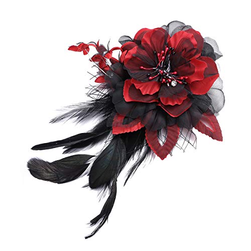 Lurrose Tocado de flor de pelo Clip grande de malla floral pluma broche Pin Vintage accesorios para el pelo para boda fiesta de té (rojo)