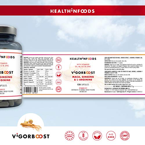 Maca,Ginseng,Vitamina D,L-Arginina VIGORBOOST Healthinfoods + Vitaminas B6,B12 y Zinc-120 cápsulas veganas-1000mg de Maca Andina pura+332mg de Ginseng-Líbido,Fertilidad,Masa Muscular,Potencia Sexual