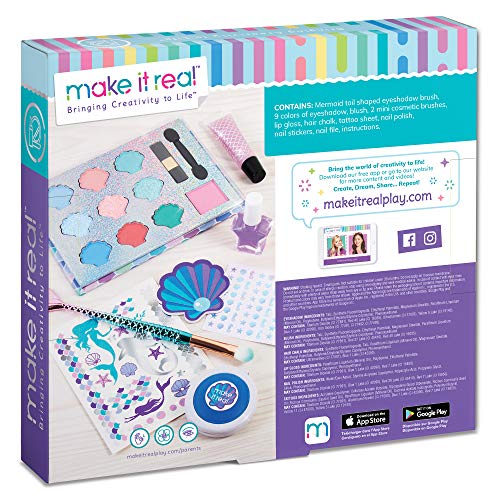 Make It Real – Mega Mermaid Makeover. Mermaid Themed Girls Makeup Kit. Starter Cosmetic Set for Kids and Tweens. Includes Case, Mirror, Eye Shadow, Blush, Mermaid Brushes, Lip Gloss, Nail Polish