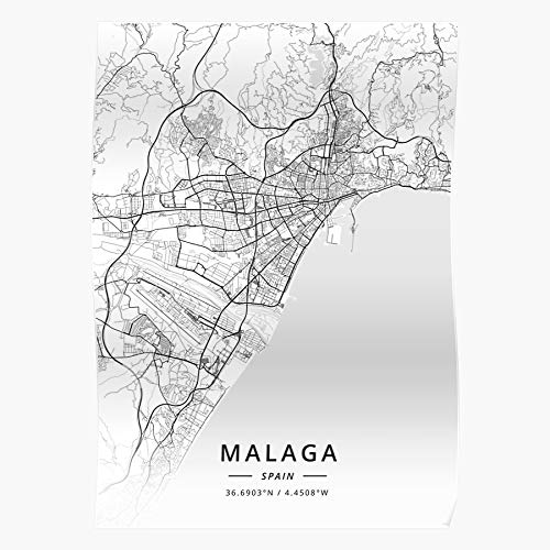 Malaga City Streets Spain Town Street Village Map Impresionantes carteles para la decoración de la habitación impresos con la última tecnología moderna sobre papel semibrillante