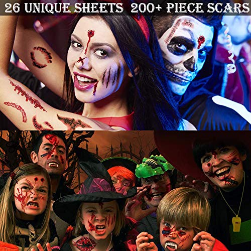 Más de 200 diseños de pegatinas de tatuajes de Halloween, Halloween Zombie Scars Tattoos Stickers con Fake Scab Blood Special Fx Disfraces de maquillaje, 26 hojas - LIRNUX