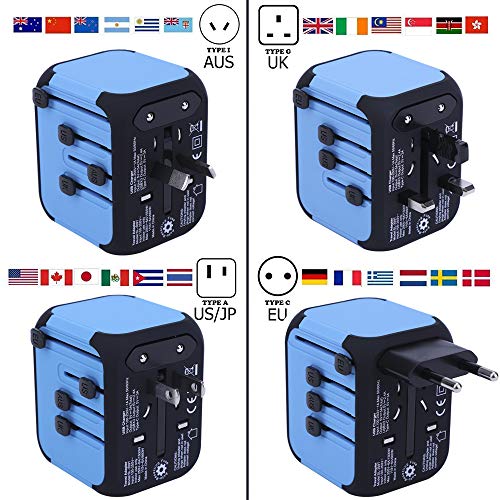 MASOMRUN Adaptador de Viaje Universal，3 Puertos USB Y de Tipo C Cargador dde 200 Países(UK/EU/AUS/US) ymás para Dispositivos Android y iOS,1500W Repara automáticamente el Fusible.