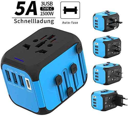 MASOMRUN Adaptador de Viaje Universal，3 Puertos USB Y de Tipo C Cargador dde 200 Países(UK/EU/AUS/US) ymás para Dispositivos Android y iOS,1500W Repara automáticamente el Fusible.