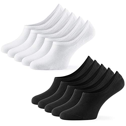 Mat & Vic’s Calcetines Cortos par Hombre y Mujer Invisibles Respirable Calcetines tobilleros Algodón Antideslizantes,Certificado Oeko-Tex 100 (10 pares, negro-blanco, UK 12-15 / EU 47-50)