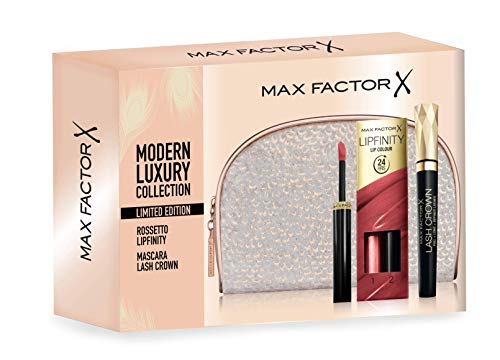 Max Factor - Paquete de regalo moderno Luxury Collection, máscara Lash Crown, pintalabios líquido Lipfinity y elegante baúl plateado