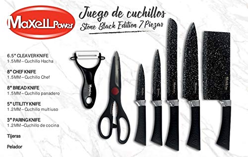 MAXELLPOWER Set DE 5 Cuchillos Tijeras PELADOR Copper Stone Juego ESMALTADOS Acero Garantia (Black Stone Edition)