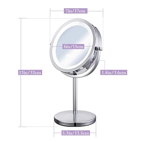 Meowoo Espejo Maquillaje con Luz Luces Espejo Cosmético LED HD Doble cara Aumento 1x/10x, 360° Rotación Redondo Cosmética Espejo Luminoso(1pc)