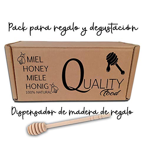 Miel pura de abeja 100%. Miel cruda sin pasteurizar ni calentar. Pack regalo y degustación 3x500g. Tarro de cristal. Origen España. Regalo: dispensador de madera.