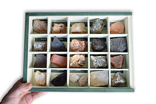 MINERALES Y FOSILES NANO Colección de 20 Rocas en Caja de Madera Natural - Rocas Reales educativas de Gran tamaño con Hoja de descripción. Kit Geología para niños