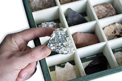 MINERALES Y FOSILES NANO Colección de 20 Rocas en Caja de Madera Natural - Rocas Reales educativas de Gran tamaño con Hoja de descripción. Kit Geología para niños