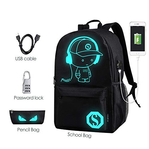 Mochilas Escolares, Mochila Luminosa de Anime Mochila Mochila de Hombro con Mochila Escolar con Cable USB y Bolsa de Bloqueo y lápiz para Adolescentes niñas (Negro)