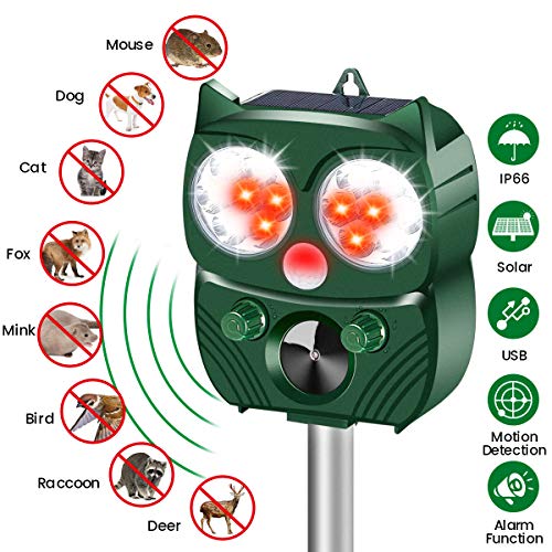 MOHOO Repelente Solar Para Gatos Repelente Ultrasónico Para Animales 5 Modo Ajustable Repelente De Gatos LED, Impermeable,Carga Solar y USB, Exterior, Ahuyentador de Gatos,Perros,Ratones etc