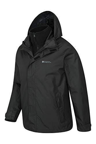 Mountain Warehouse Chaqueta Fell Impermeable 3 en 1 para Hombre - Chubasquero con Capucha Ajustable, Forro Polar, Interior Desmontable, Bolsillos Negro M