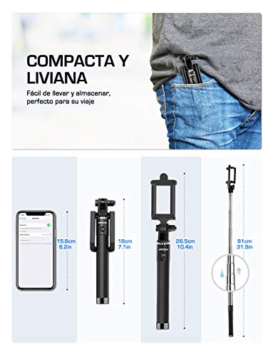 Mpow Palo Selfie Movil, Selfie Stick Bluetooth Diseño ligero, inalámbrico palo selfie con Bluetooth Remoto Compatible iPhone 11/11 Pro Max/XS Max /XR/X/8/7/ 6, Galaxy S10/S9/S8, etc