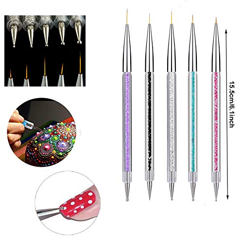 Mwoot Nail Art Brushes, 5Pcs Liner Brush Double Head punteado de cristal Herramientas de manicura Pintura Dot Pen Nail Art Paint Set