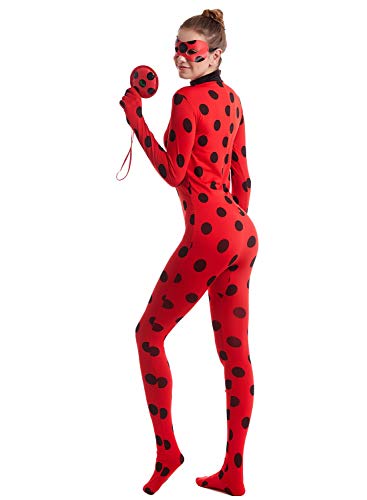 MYRISAM Disfraz de Mariquita Milagrosa para Adulto Mujer Halloween Ladybug Viste A Cosplay Leotardo Bodysuit con Lunares + Máscara de ojos + Yo-Yo Bolsa Niños 3Pcs Trajes de Partido Carnaval L