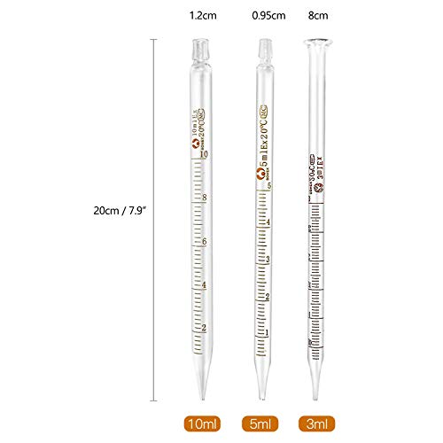 NATEE 6pcs Pipeta Cristal de Laboratorio 3ml 5ml 10ml con Cepillo, Pipeta de Transferencia de Líquido con Cabeza de Goma para Experimento Estudios Medicina Pintura