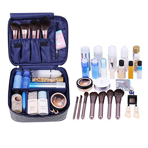 Neceser de viaje para maquillaje, organizador grande para mujeres y niñas (Raya azul)