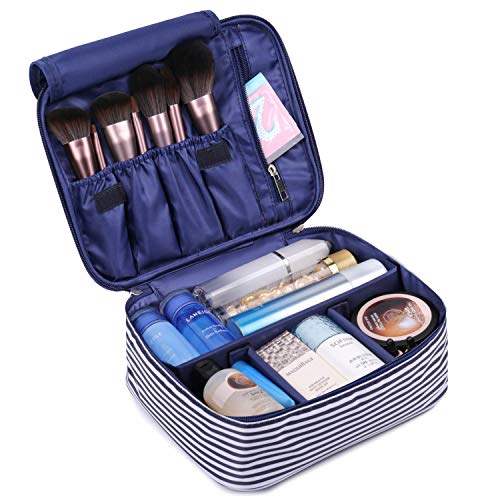 Neceser de viaje para maquillaje, organizador grande para mujeres y niñas (Raya azul)