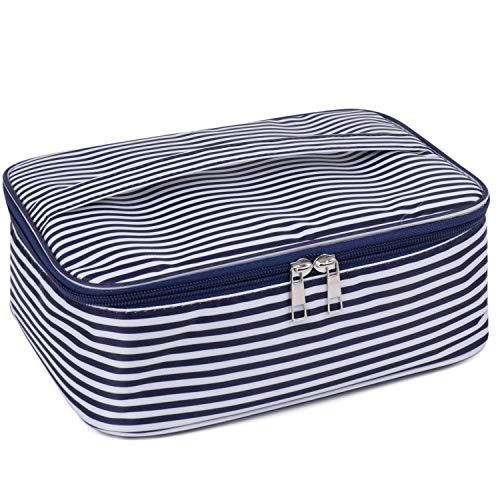 Neceser de viaje para maquillaje, organizador grande para mujeres y niñas (Raya azul)