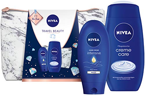 Nivea Travel Beauty - Set de regalo de viaje con neceser, ducha de cuidado y crema de manos, regalo de Navidad para momentos especiales de bienestar de viaje o en casa