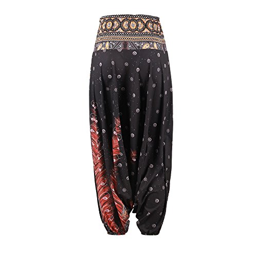 Nuofengkudu Mujer Pantalones Sueltos Hippi Tailandeses Estampado Verano Cintura Alta Elastica Entrepierna Baja para Yoga Casual Negro Pavo