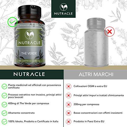 NUTRACLE TE’ VERDE 100 comprimidos de 400 mg | Estimula el metabolismo y aumenta la energía |efecto drenante y adelgazante | Alta concentración de Cafeína y EGCG.