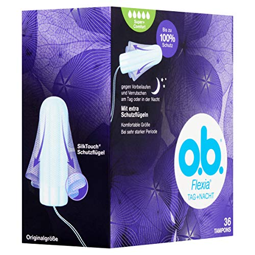 o.b. Tampones flexibles para día y noche Super+ Comfort para una protección extra contra deslizamientos y deslizamientos durante el día o la noche. Con alas protectoras SilkTouch únicas.