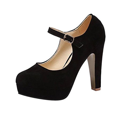 ¡Oferta de liquidación de Covermason! Zapatos de tacón cuadrado de moda para mujer Zapatos de tacón alto bajo flock(39 EU, Negro)